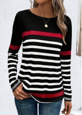 Black Patchwork Striped Long Sleeve Round Neck T Shirt | thumb picture 