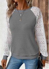 Dark Grey Patchwork Long Sleeve Round Neck T Shirt | thumb picture 