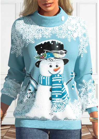 Modlily Light Blue Button Snowman Print Long Sleeve Sweatshirt - L
