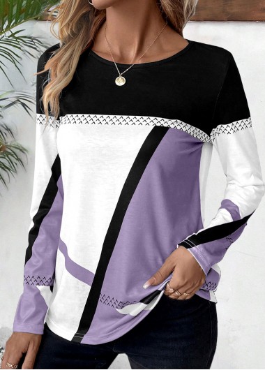 Modlily Plus Size Light Purple Patchwork Geometric Print T Shirt - 2X