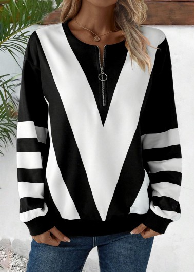 Modlily Black Zipper Striped Long Sleeve Round Neck Sweatshirt - L