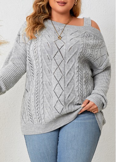 Modlily Grey Asymmetry Plus Size Long Sleeve Asymmetrical Neck Sweater - 2XL