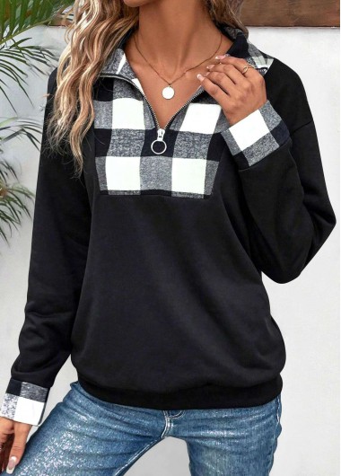 Modlily Plus Size Black Patchwork Plaid Long Sleeve Sweatshirt - 1X