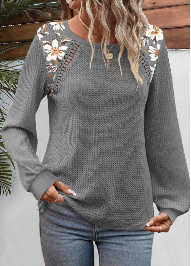 Modlily Plus Size Dark Grey Patchwork Floral Print Sweatshirt - 1X