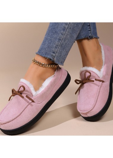 Modlily Flip Flops Pink Bowknot Closed Toe Falt Faux Fur Slippers - 40