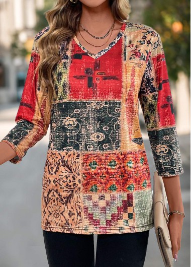women clothes image of Multi Color Patchwork Tribal Print V Neck T Shirt
