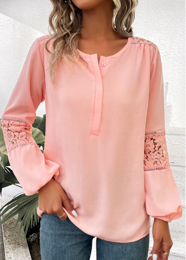 Modlily Dusty Pink Patchwork Long Sleeve Round Neck Blouse - S