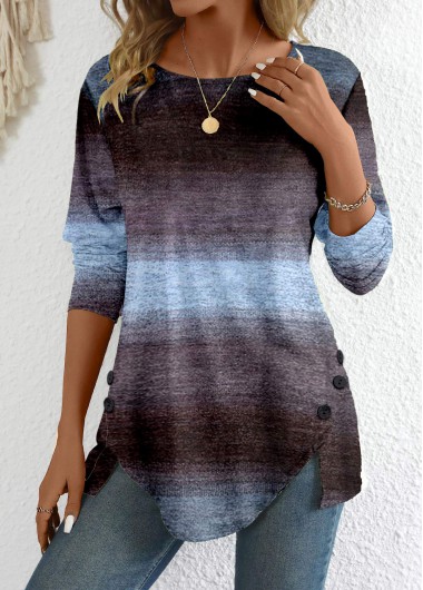 Modlily Patchwork Ombre Long Sleeve Round Neck T Shirt - S