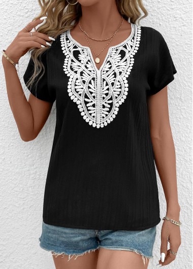 women clothes image of Black Patchwork Short Sleeve Split Neck T Shirt