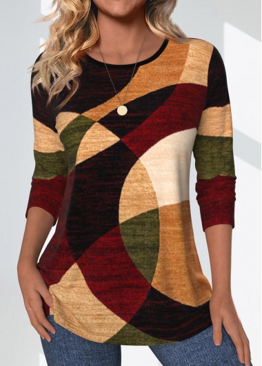 Multi Color Geometric Print Long Sleeve T Shirt