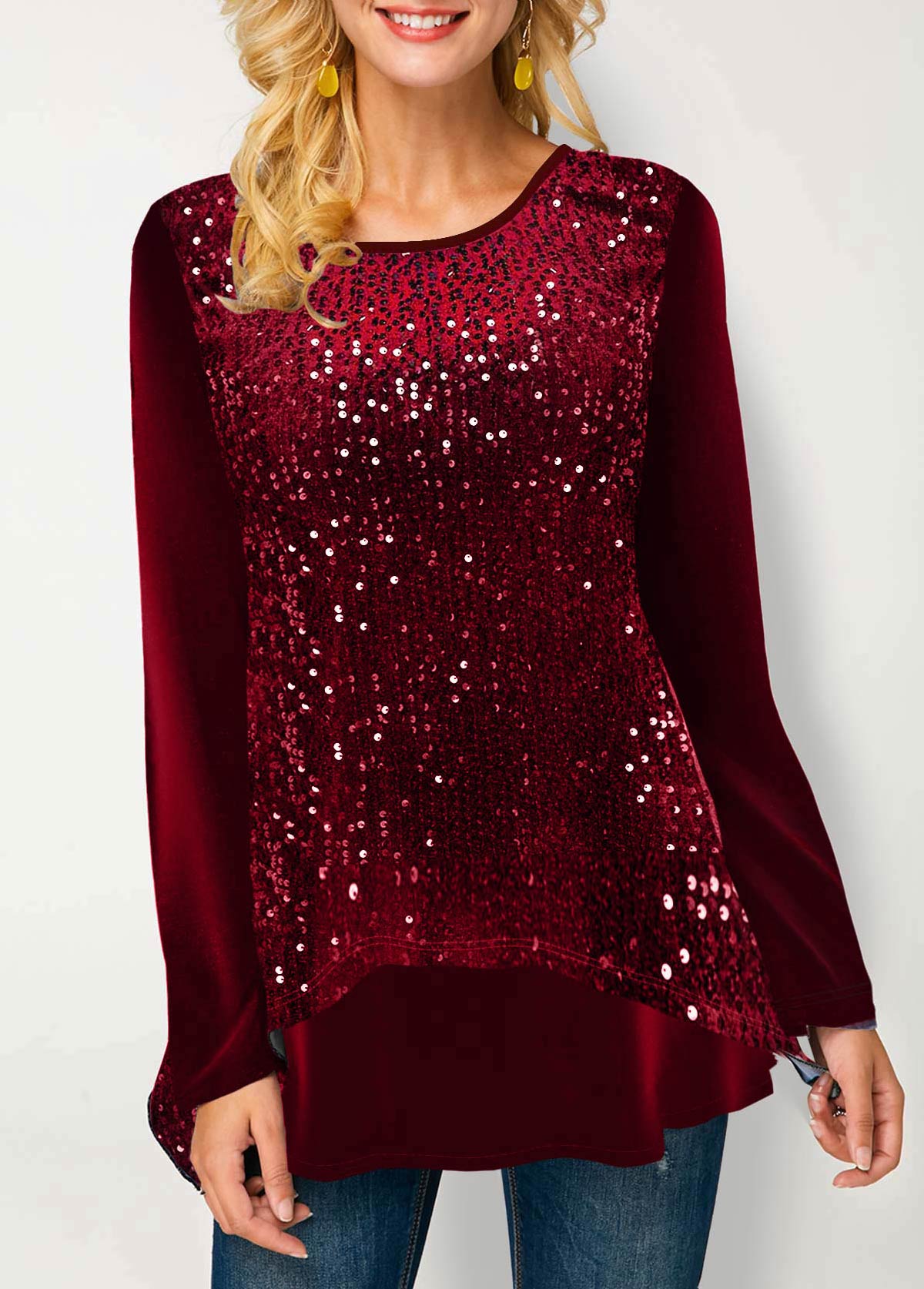 Christmas Design Sequin Velvet Stitching Wine Red Sweatshirt
