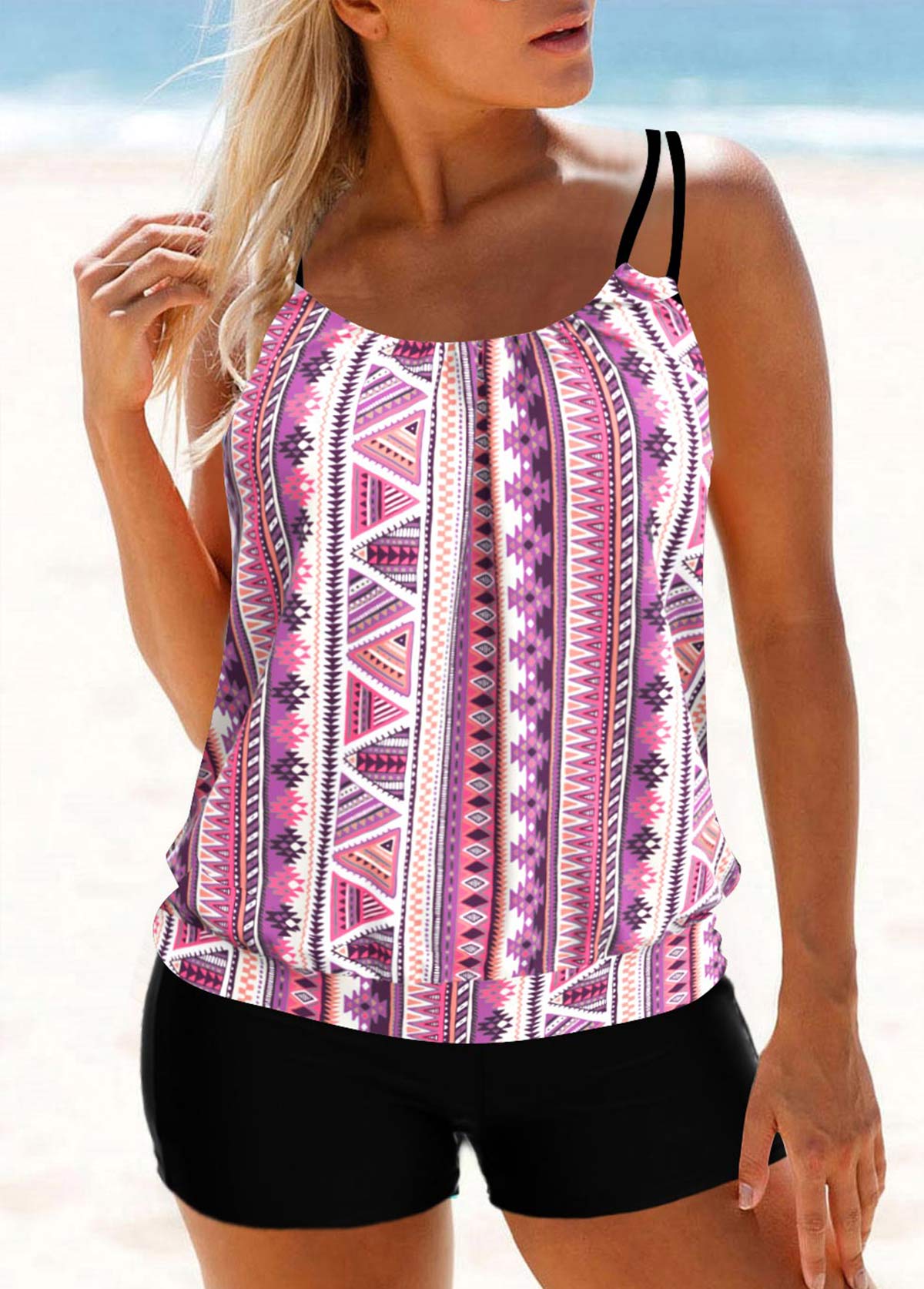 Geometric Print Light Pink Double Straps Tankini Top-No Bottom | picture 