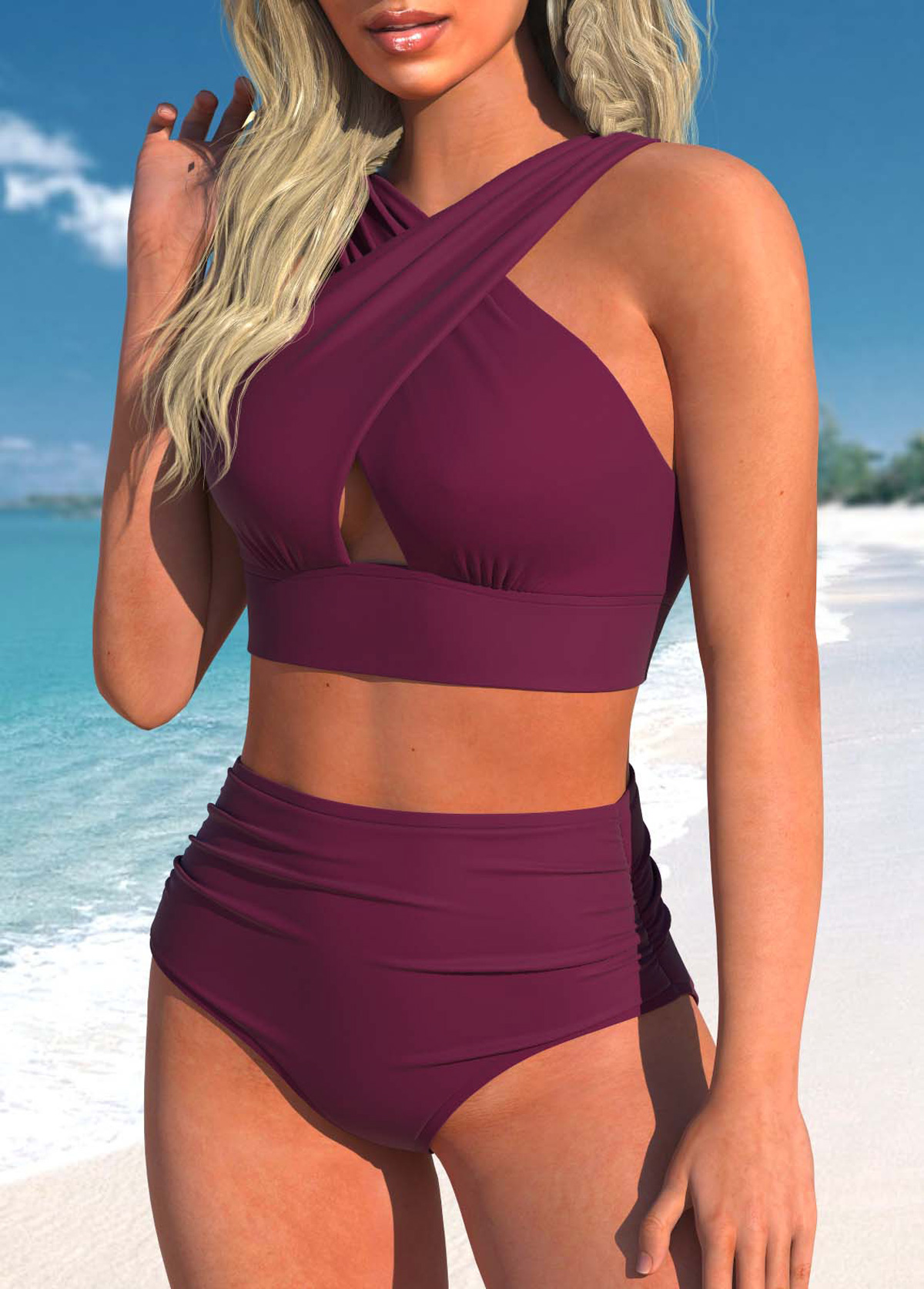 Surplice High Waisted Dark Reddish Purple Bikini Set