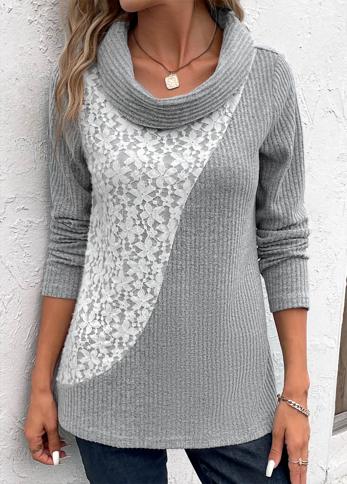 Light Grey Patchwork Long Sleeve Cowl Neck Sweatshirt