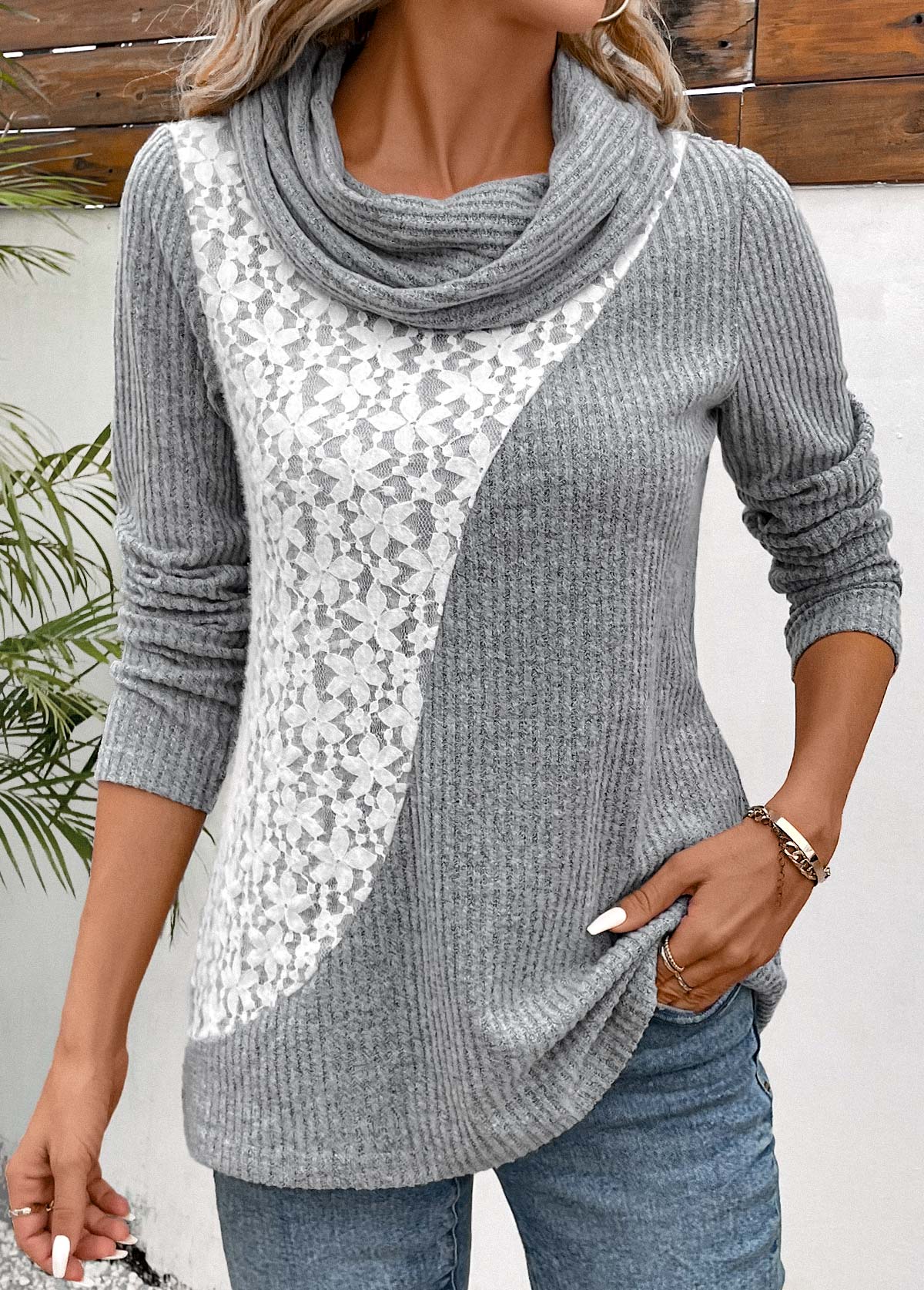 Light Grey Patchwork Long Sleeve Cowl Neck Sweatshirt