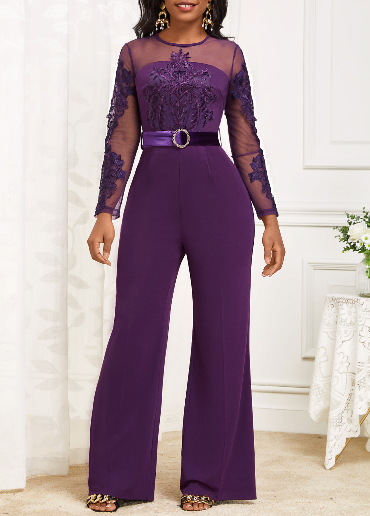 Purple Velvet Long Belted Round Neck Jumpsuit