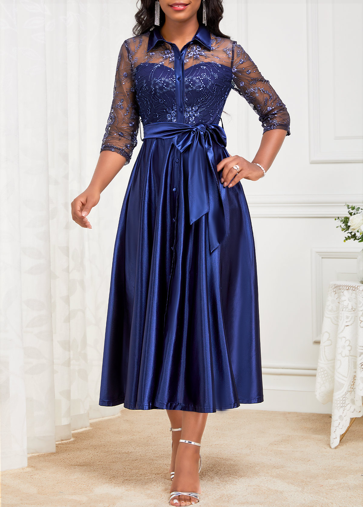 Navy Lace Belted Three Quarter Length Sleeve Dress