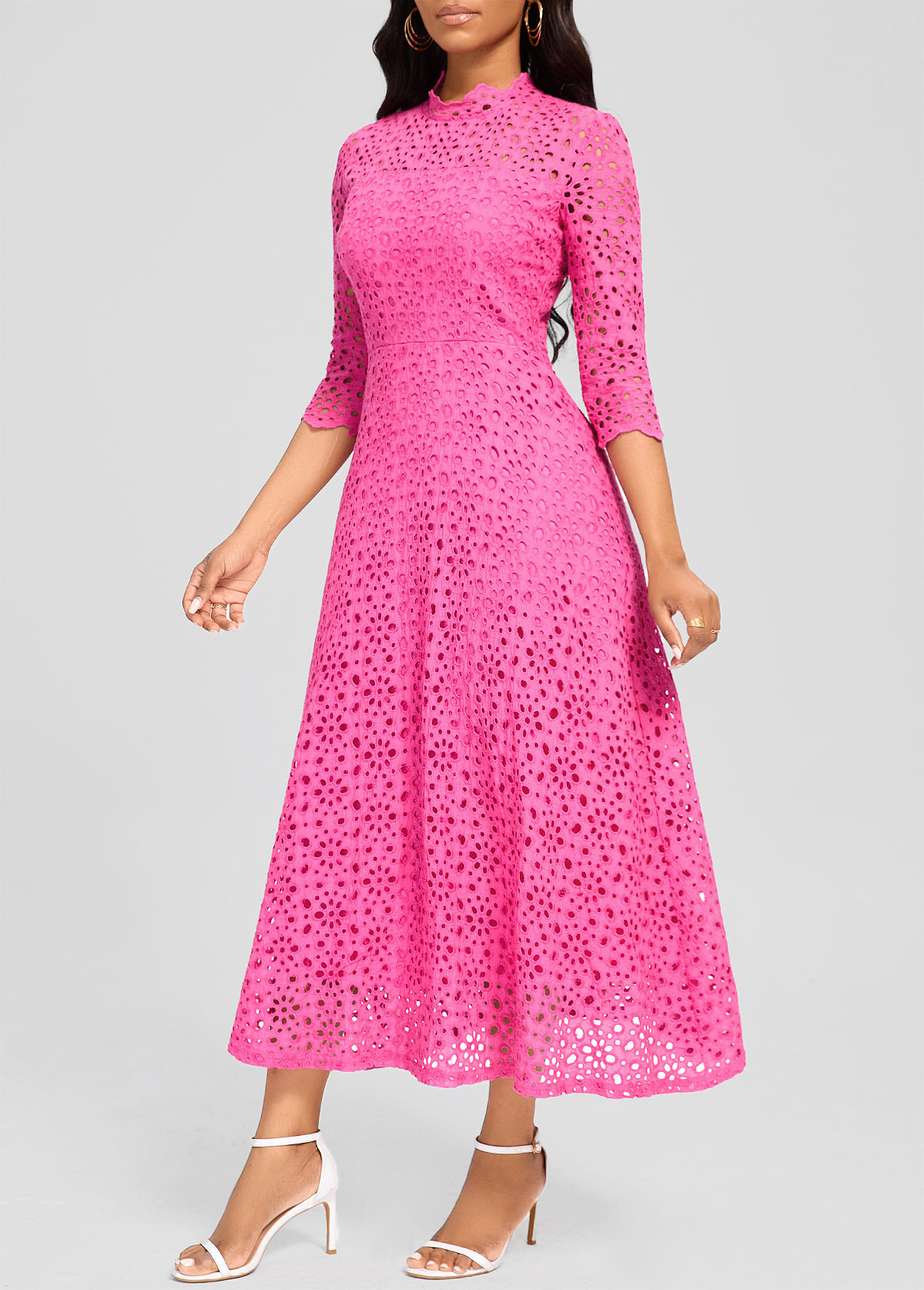 Hot Pink Embroidery Three Quarter Length Sleeve Dress