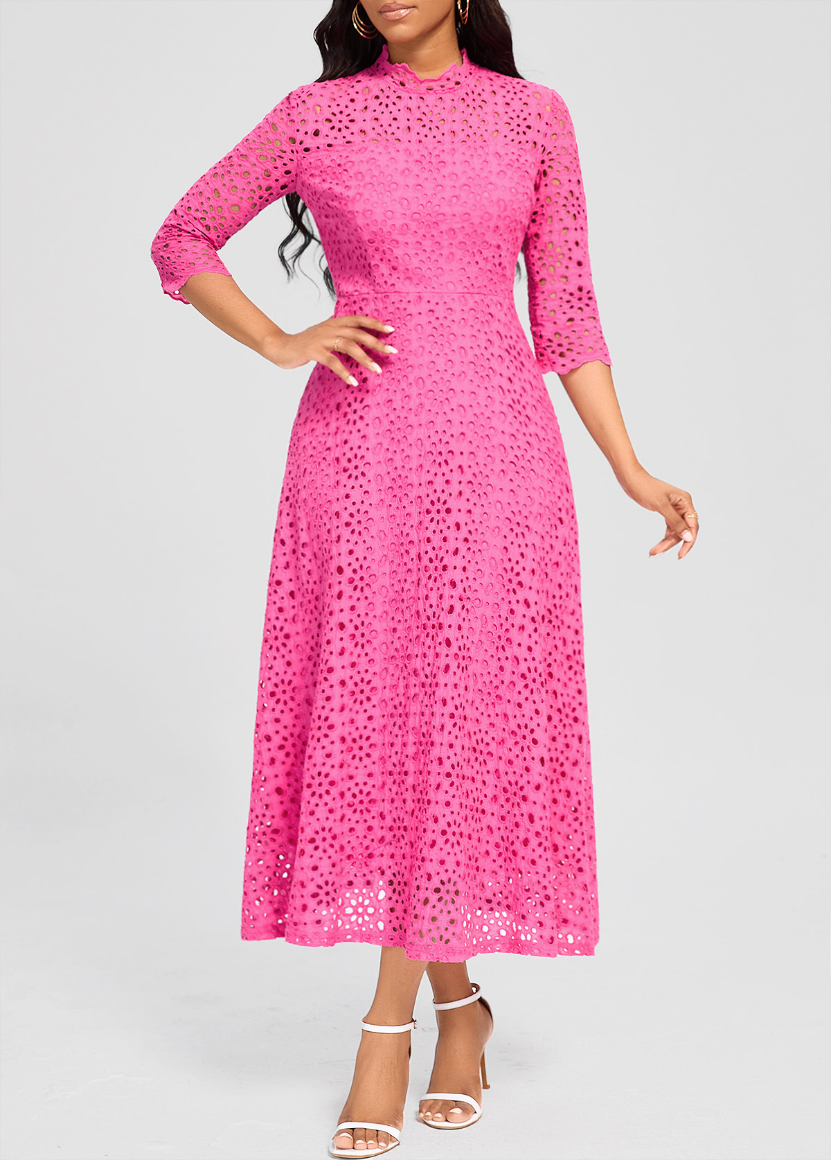 Hot Pink Embroidery Three Quarter Length Sleeve Dress
