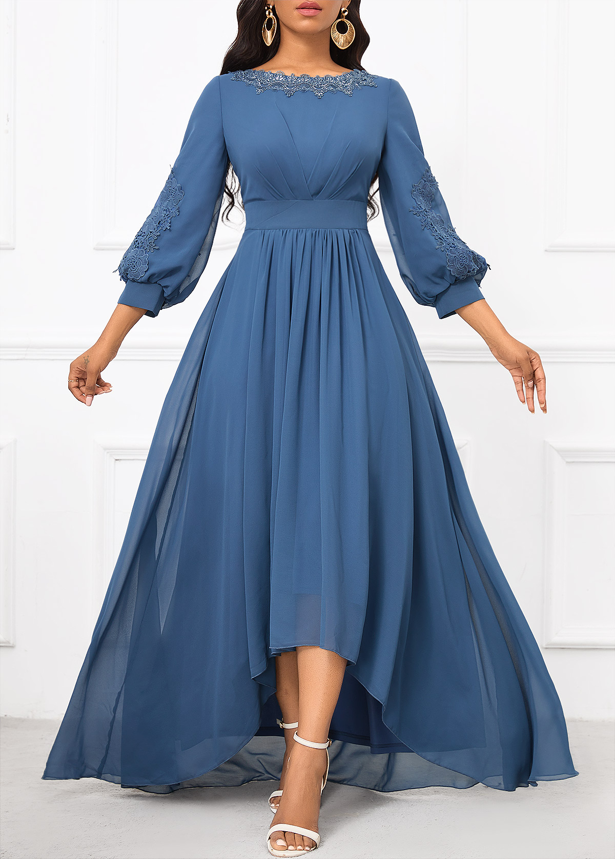 Dusty Blue Patchwork Three Quarter Length Sleeve Dress