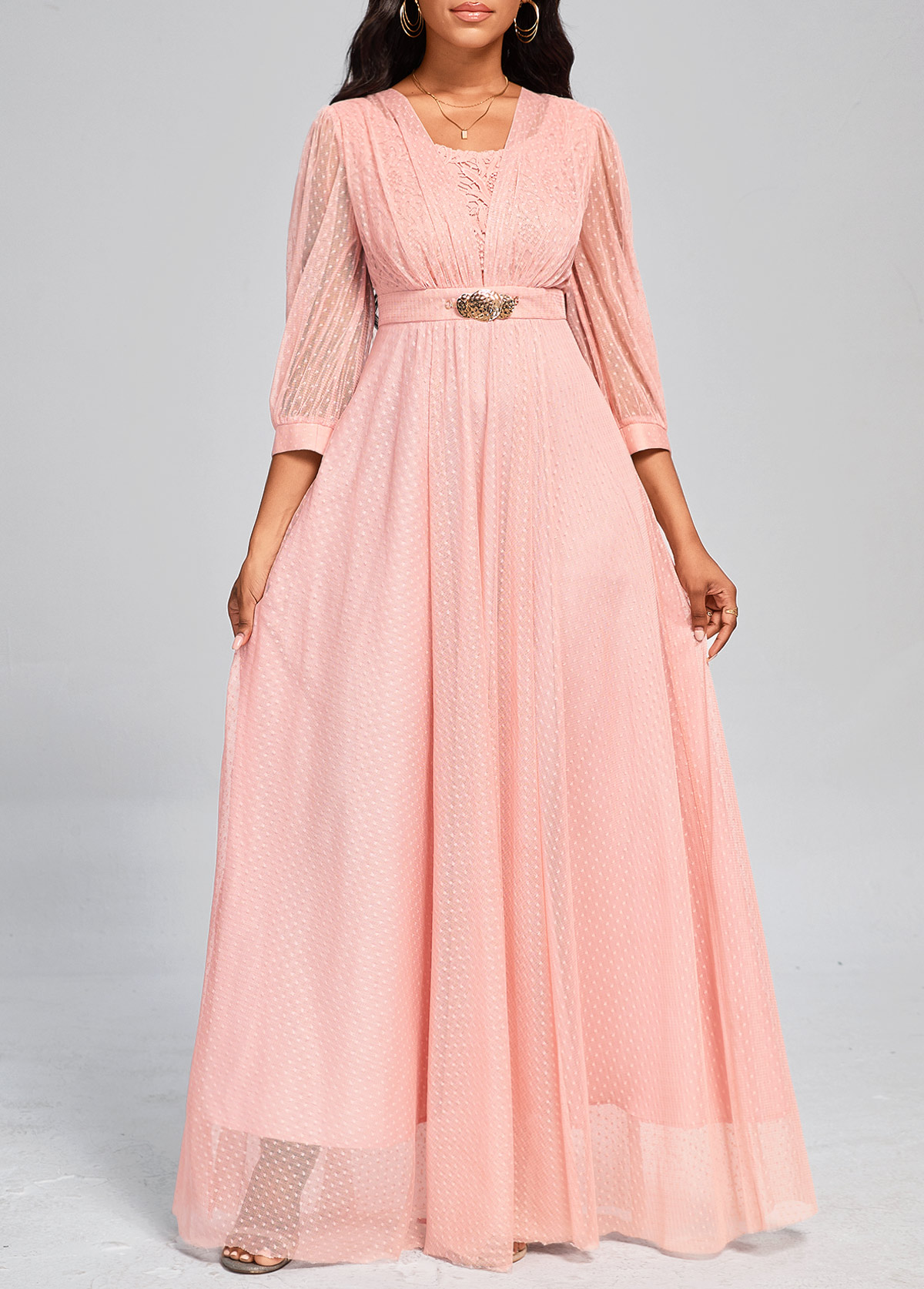 Pink Mesh Three Quarter Length Sleeve Dress