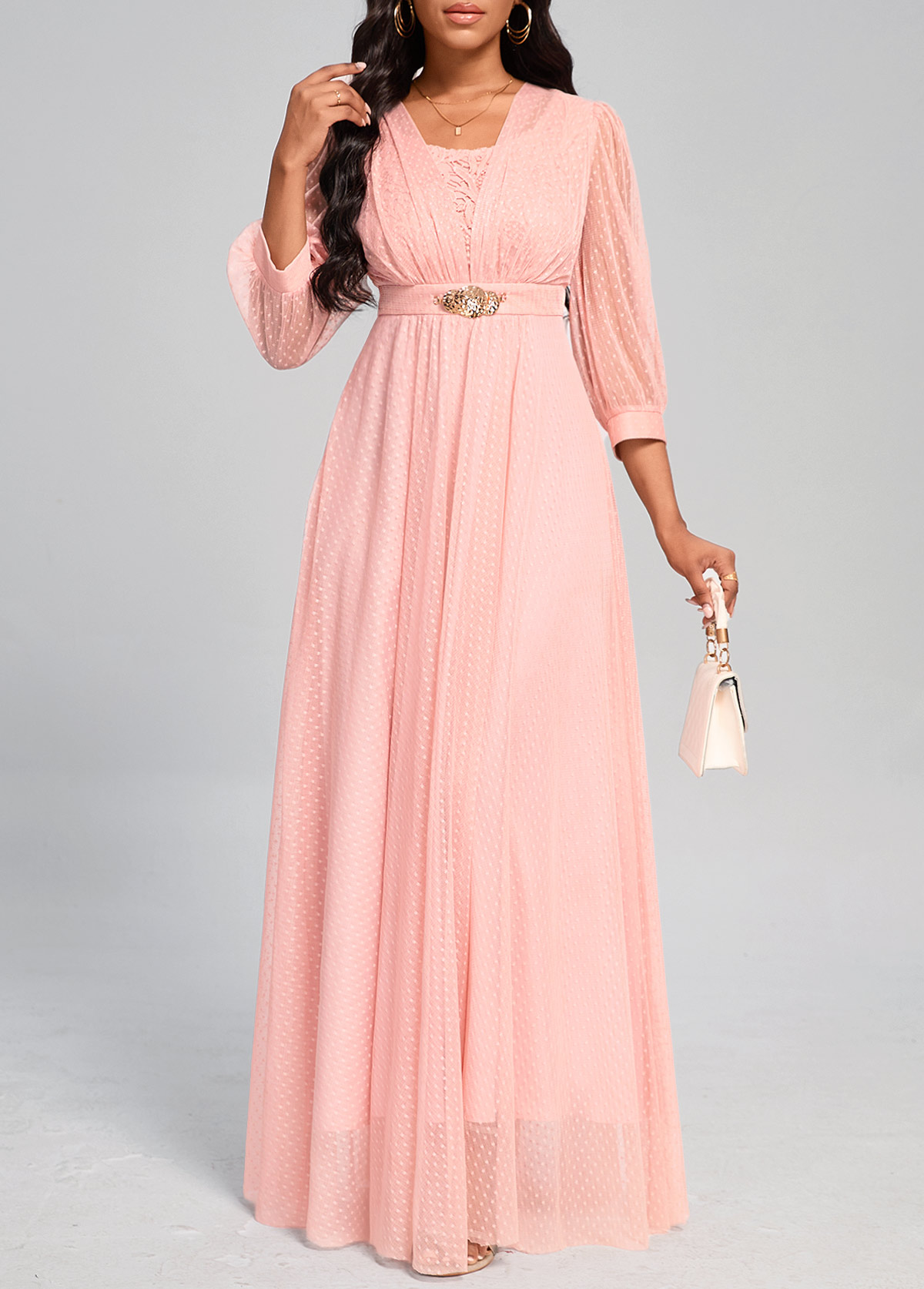 Pink Mesh Three Quarter Length Sleeve Dress