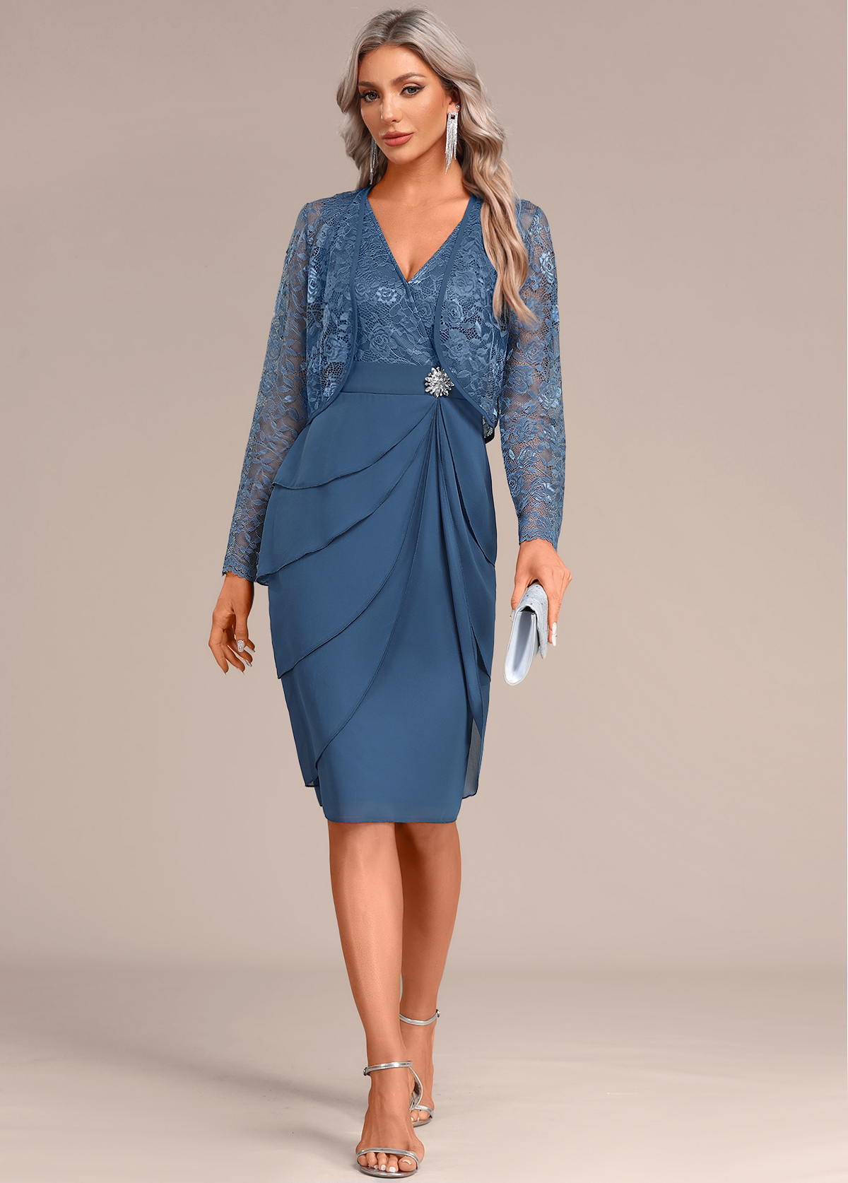 Peacock Blue Layered Two Piece Suit Dress and Cardigan