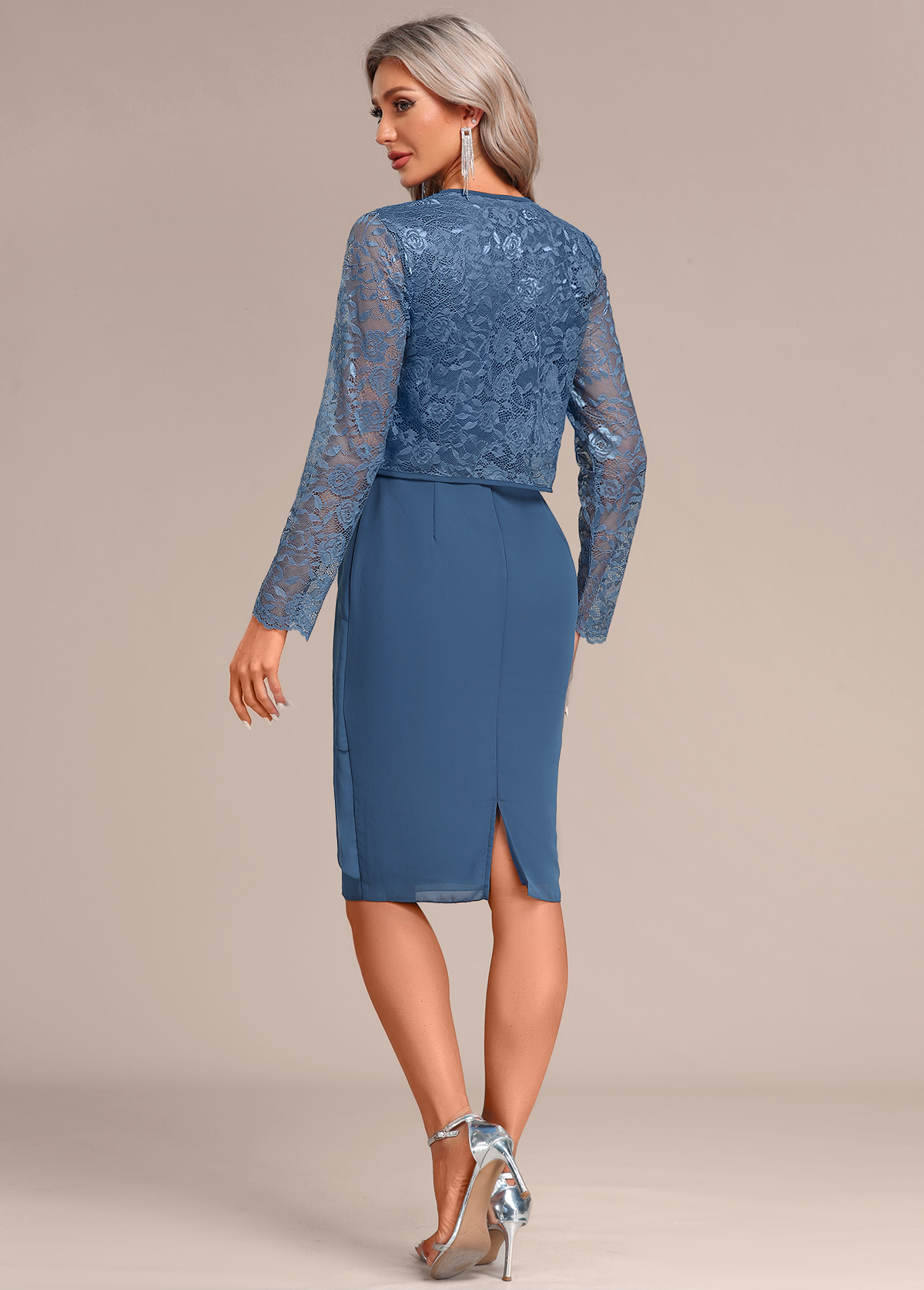 Peacock Blue Layered Two Piece Suit Dress and Cardigan