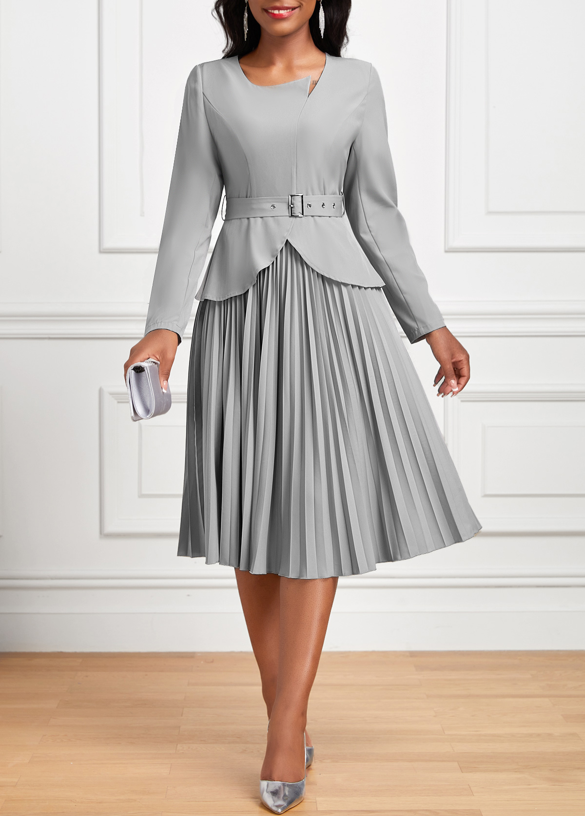 Grey Pleated Belted Long Sleeve Asymmetrical Neck Dress