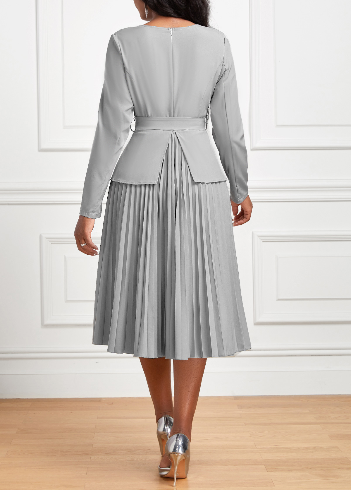 Grey Pleated Belted Long Sleeve Asymmetrical Neck Dress