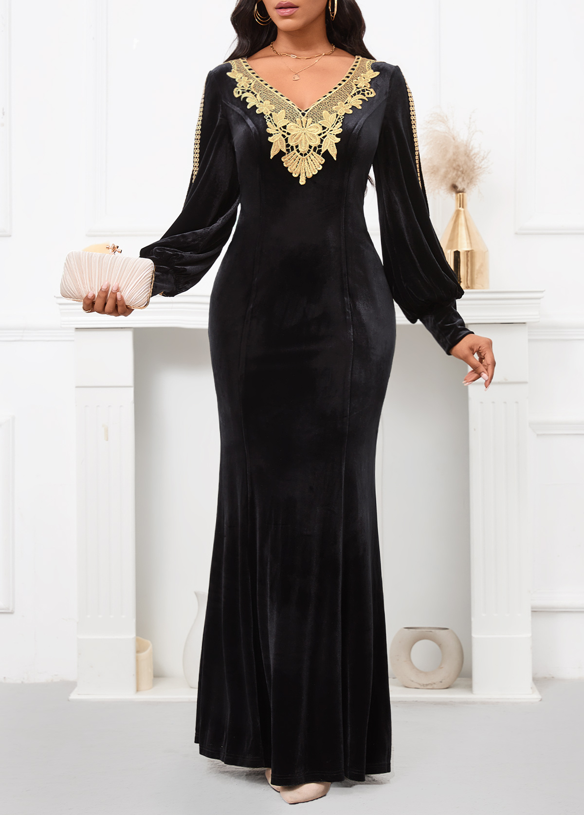 Black Velvet Long Sleeve V Neck Maxi Bodycon Dress
