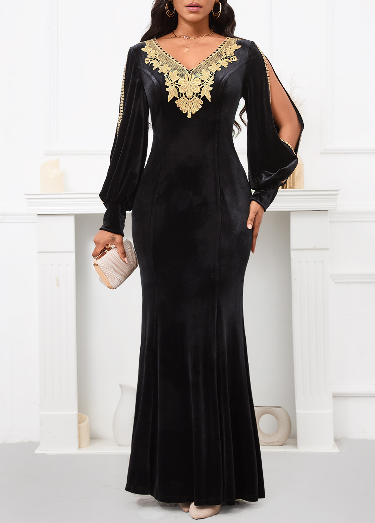 Black Velvet Long Sleeve V Neck Maxi Bodycon Dress