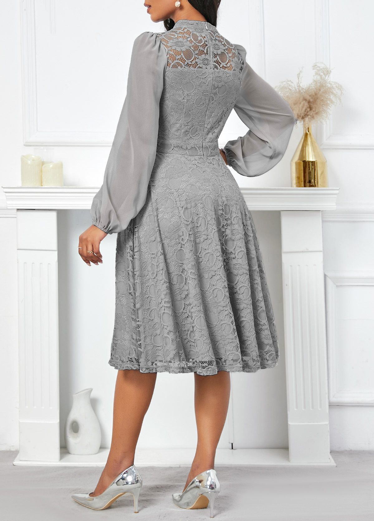 Grey Lace Long Sleeve Stand Collar Dress