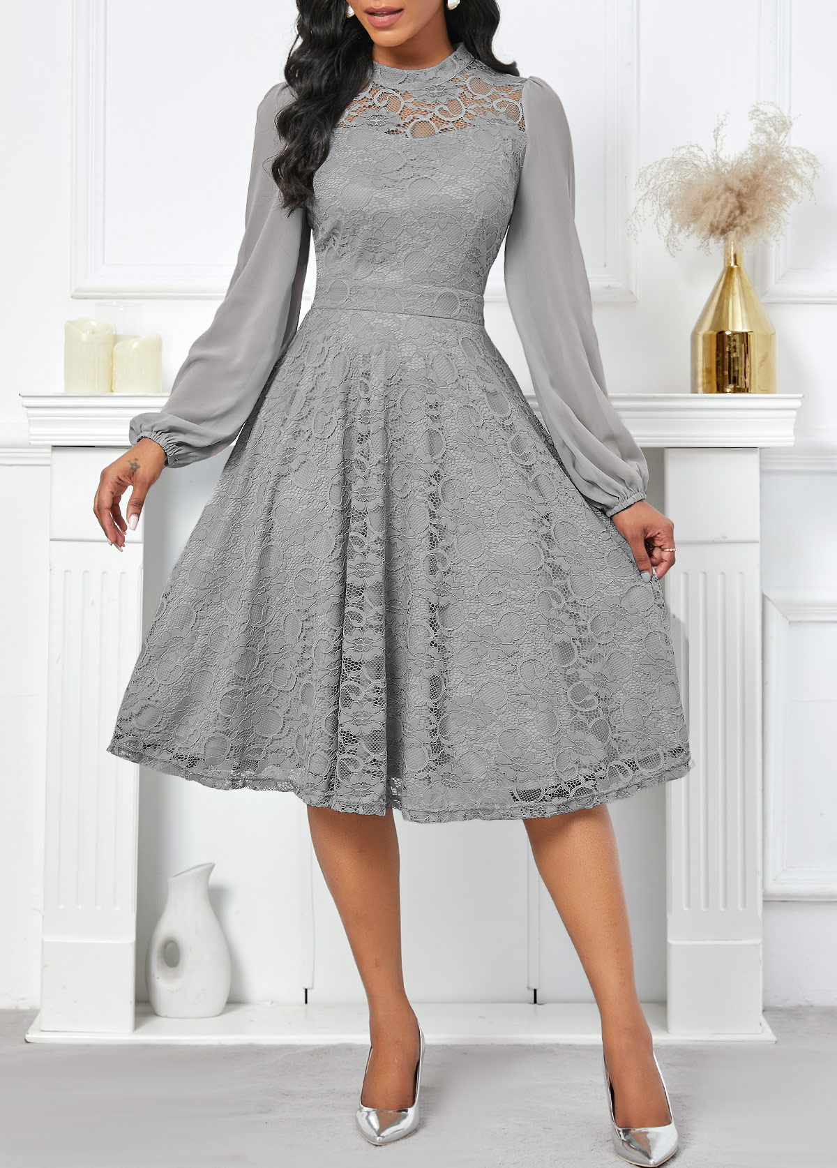 Grey Lace Long Sleeve Stand Collar Dress