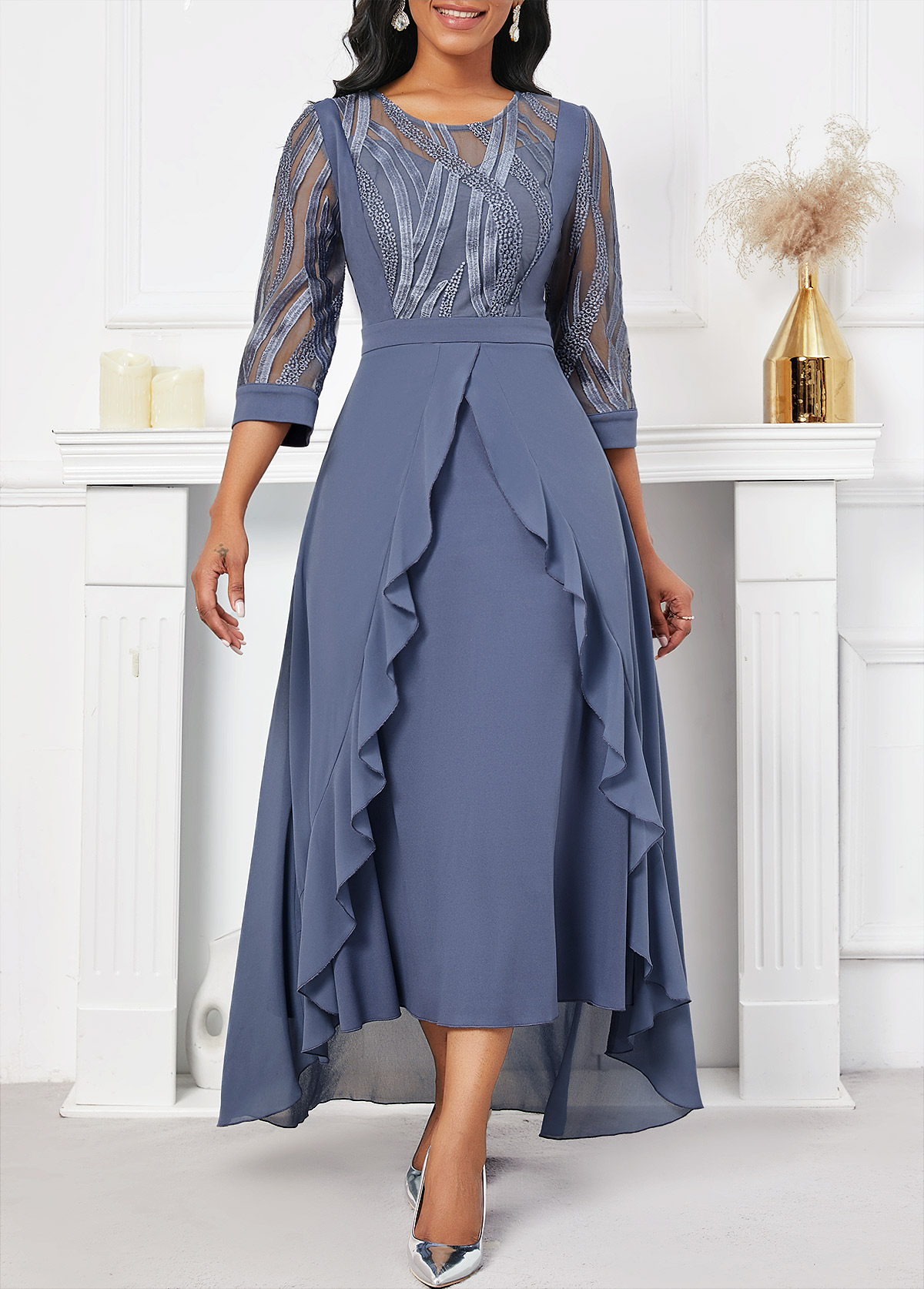 Dusty Blue Embroidery High Low Round Neck Dress