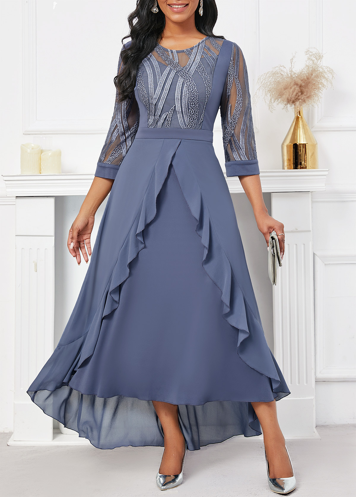 Dusty Blue Embroidery High Low Round Neck Dress