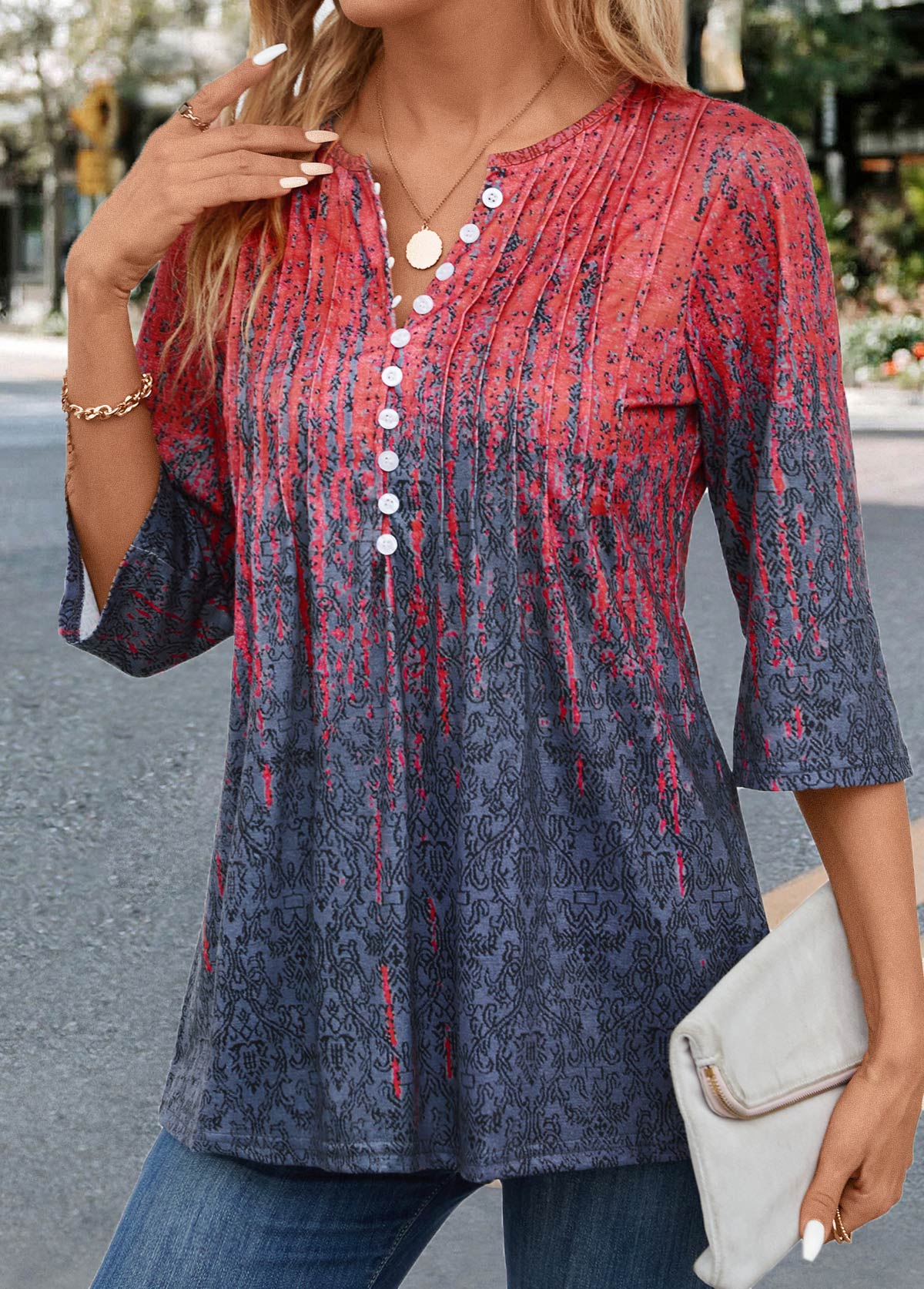 Coral Tuck Stitch Random Floral Print T Shirt | picture 