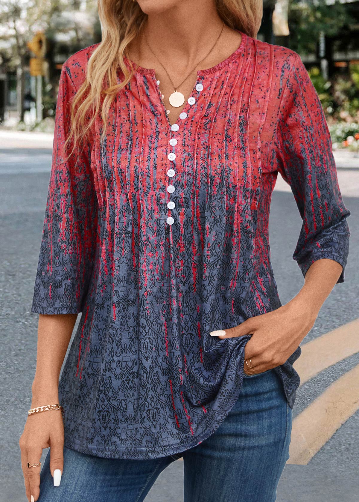 Coral Tuck Stitch Random Floral Print T Shirt | picture 