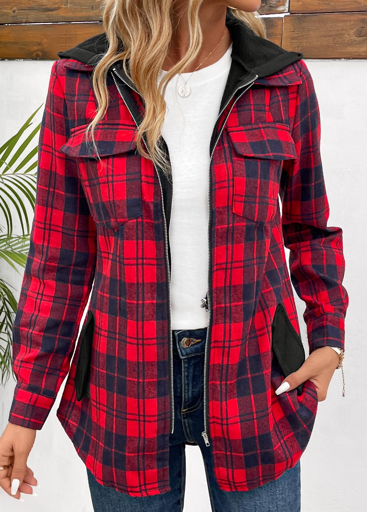 Patchwork Red Plaid Long Sleeve Hooded Coat