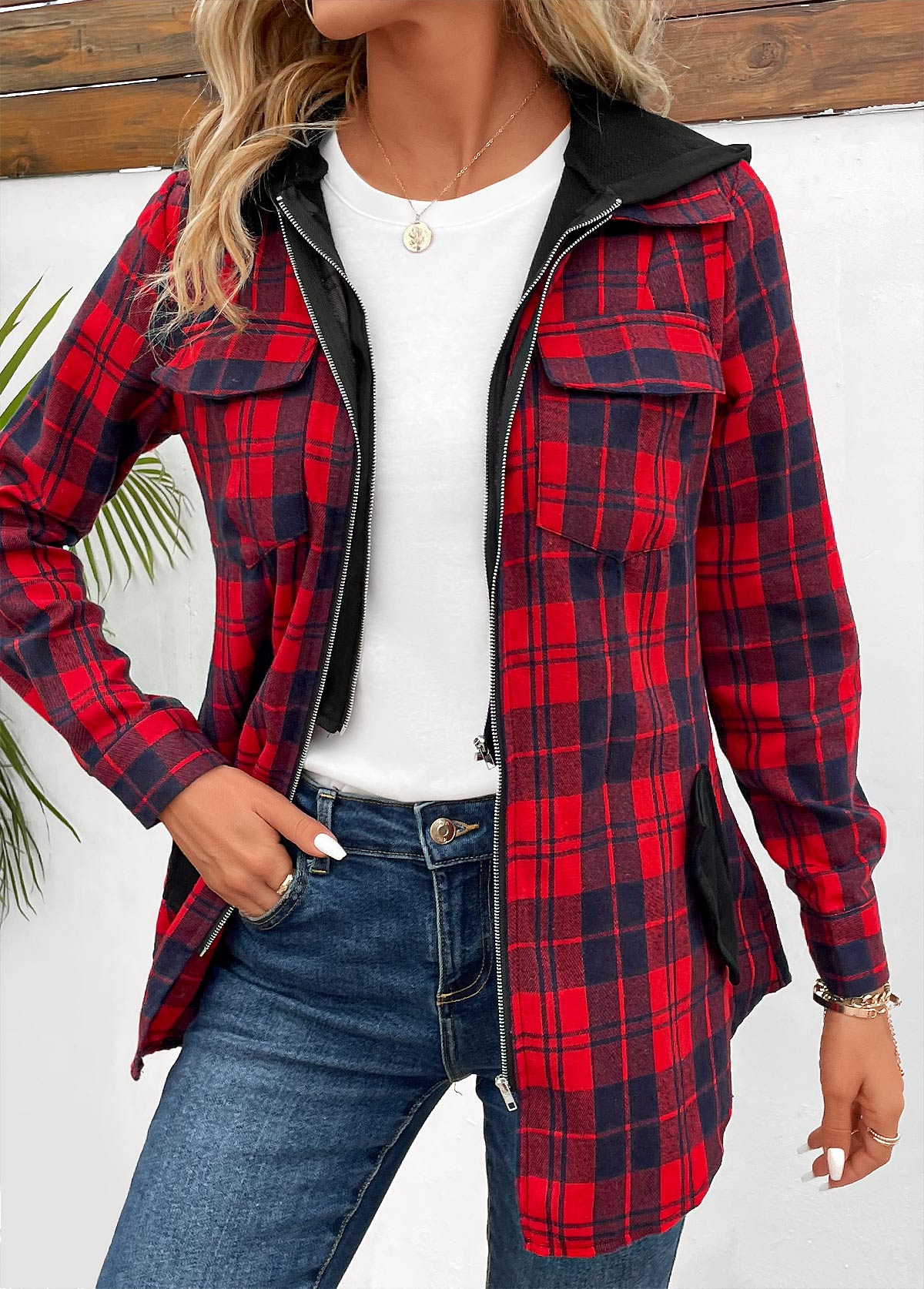 Patchwork Red Plaid Long Sleeve Hooded Coat