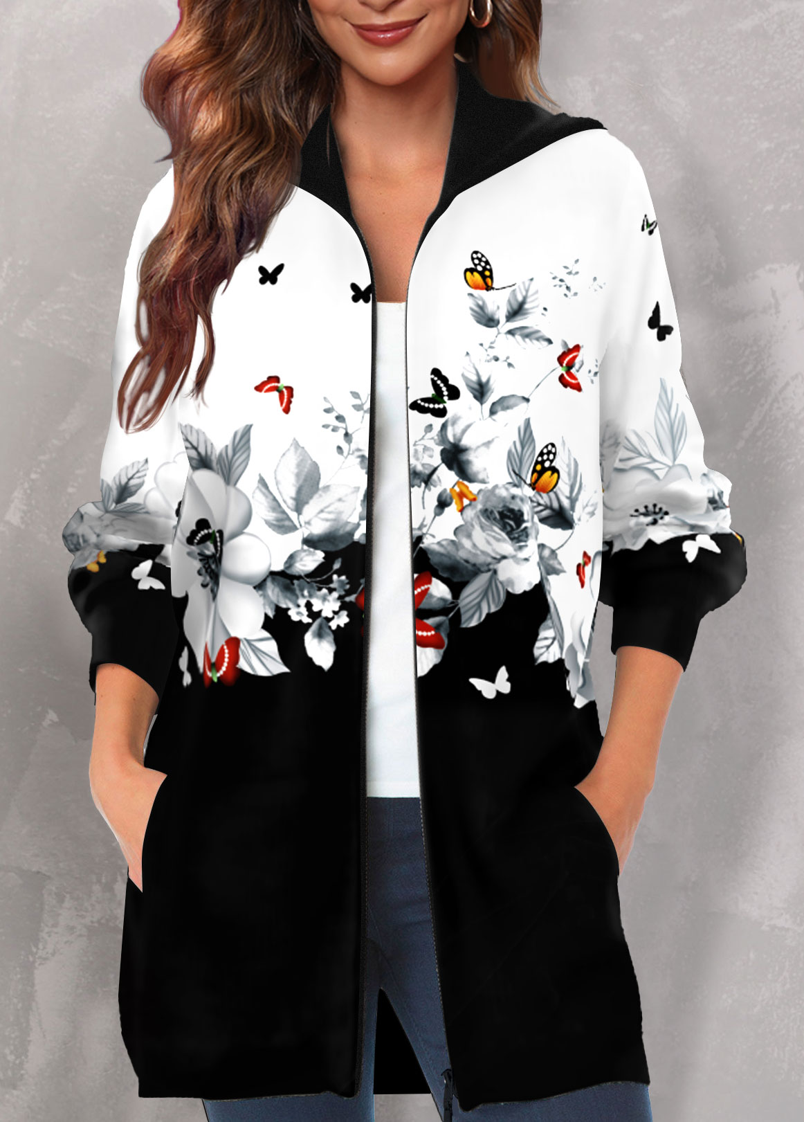 Multi Color Pocket Floral Print Long Sleeve Hooded Coat