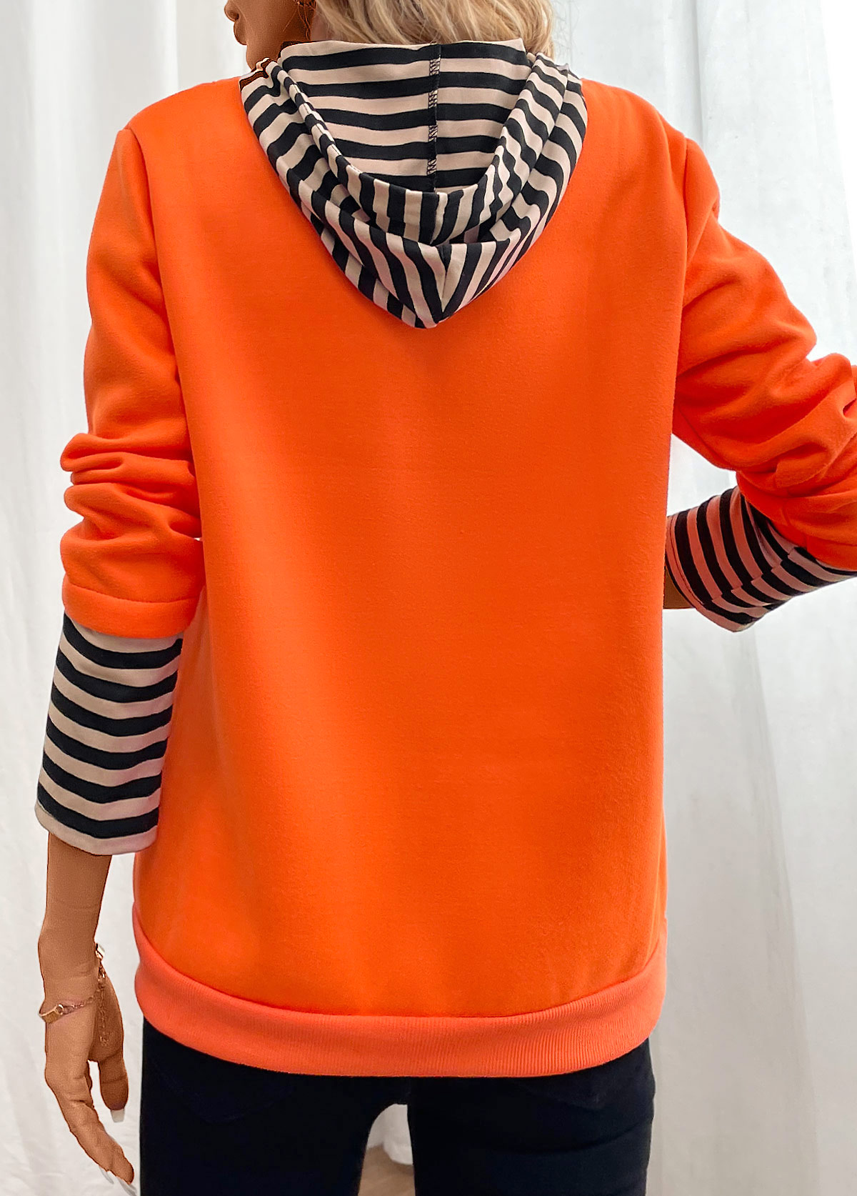 Orange Fake 2in1 Striped Long Sleeve Hoodie