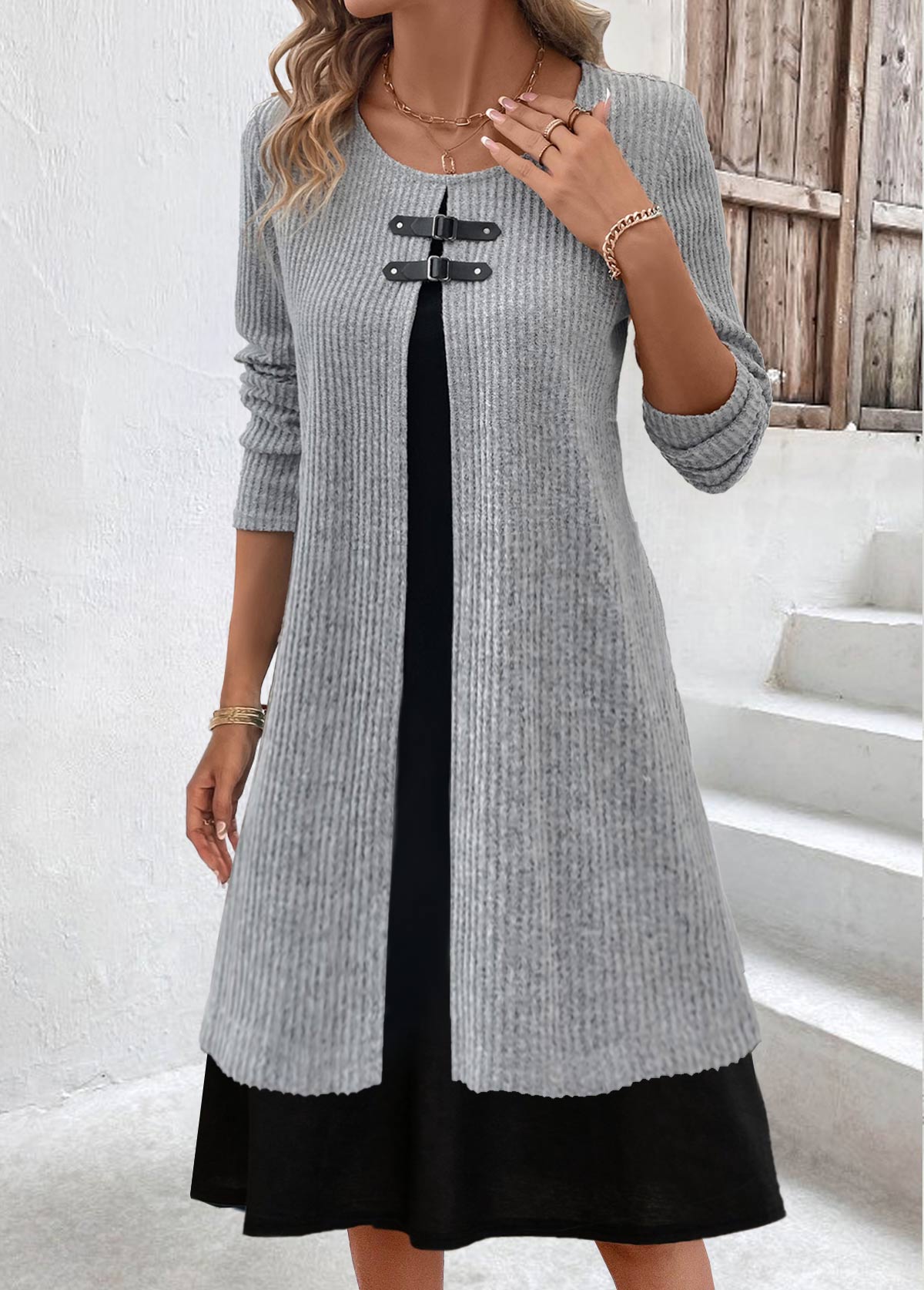Light Grey Marl Tummy Coverage Long Sleeve Dress | picture 