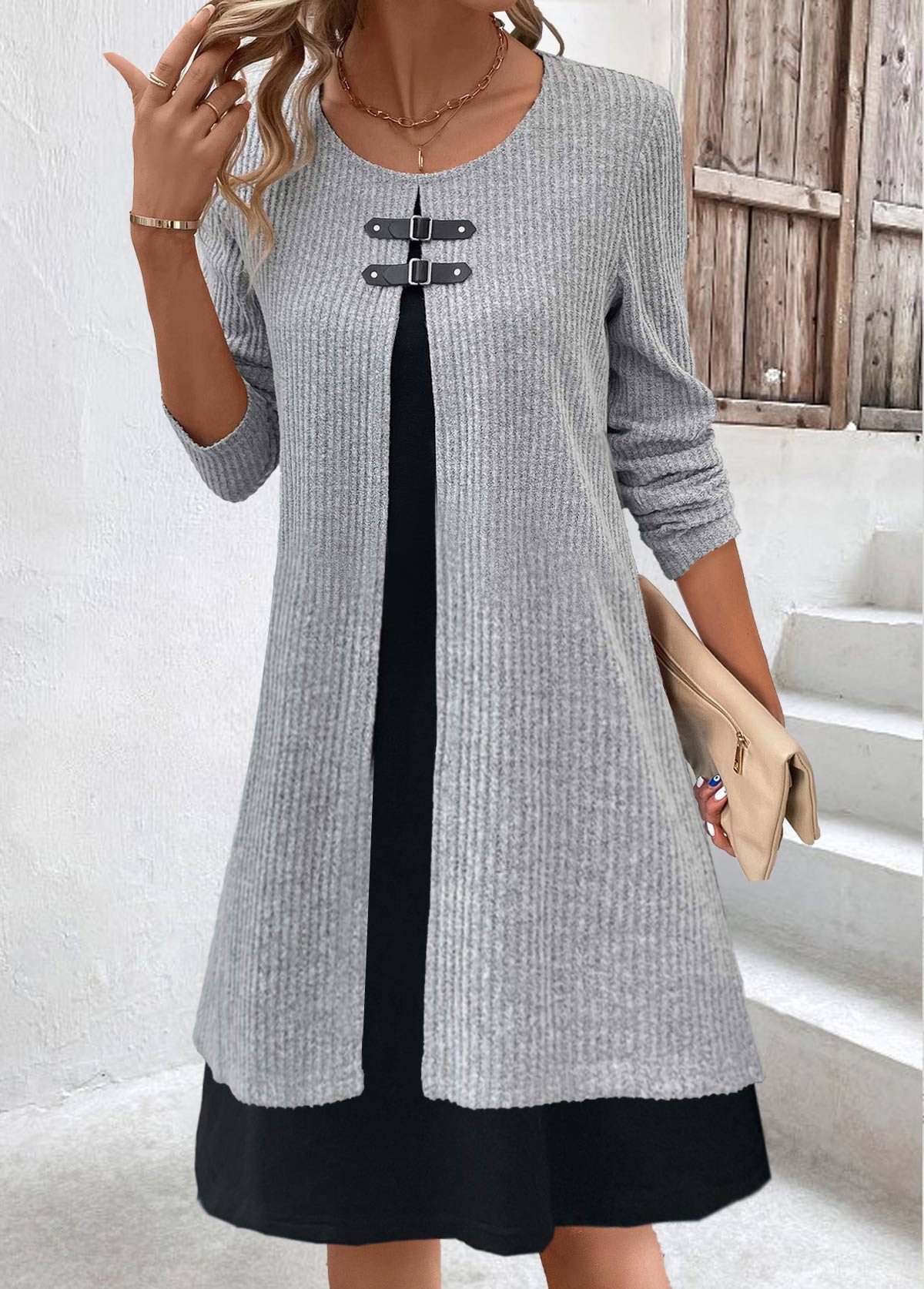 Light Grey Marl Tummy Coverage Long Sleeve Dress | picture 