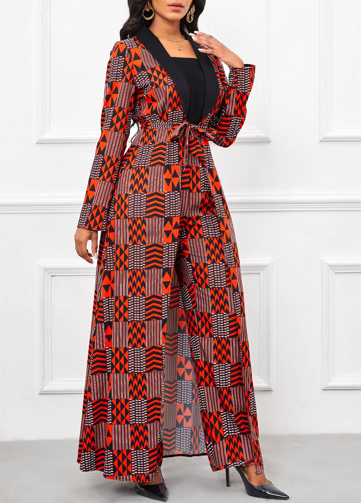 Red Layered Geometric Print Long Belted Square Neck Jumpsuit