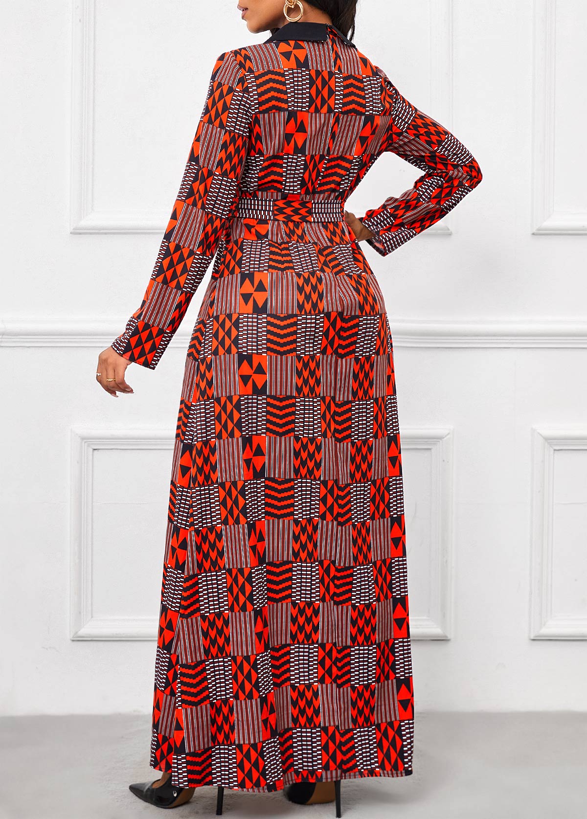 Red Layered Geometric Print Long Belted Square Neck Jumpsuit