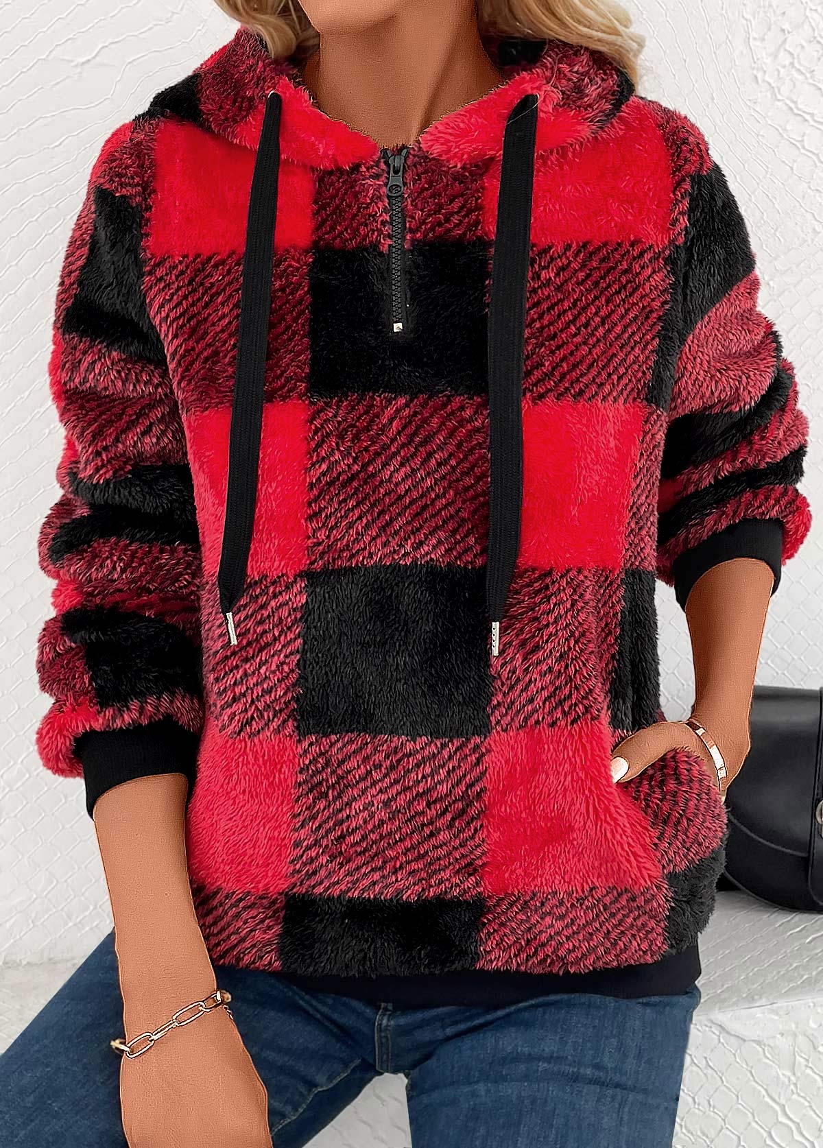 Red Pocket Plaid Long Sleeve Hooded Sweatshirt
