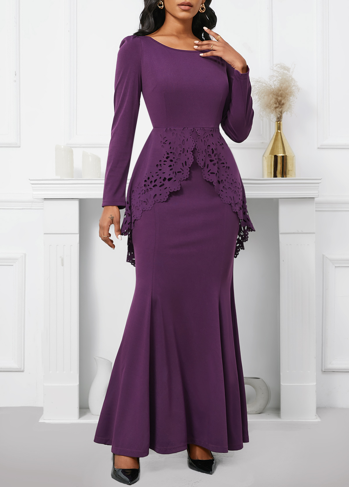Dark Reddish Purple Long Sleeve Mermaid Maxi Bodycon Dress