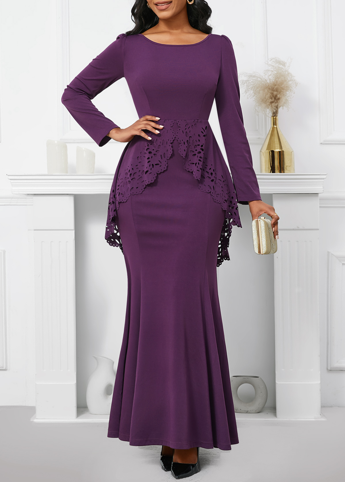 Dark Reddish Purple Long Sleeve Mermaid Maxi Bodycon Dress