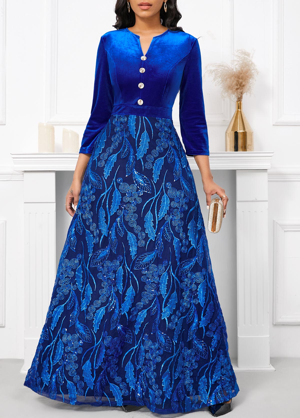 Royal Blue Velvet Three Quarter Length Sleeve Maxi Dress